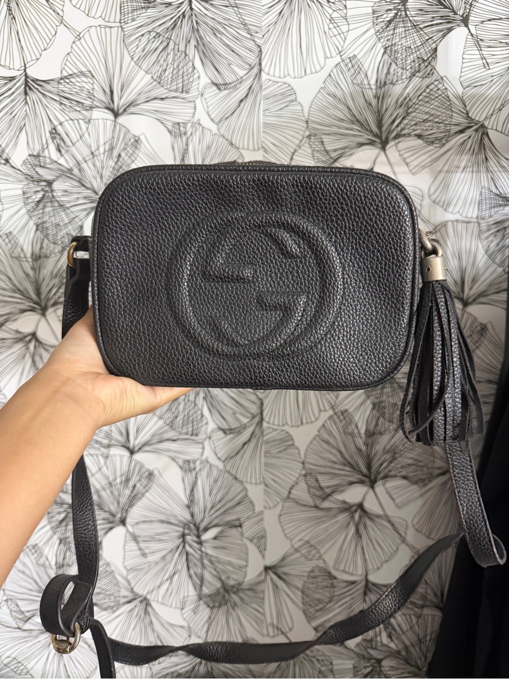 Gucci Black Pebbled Leather Camera Crossbody with Tassel